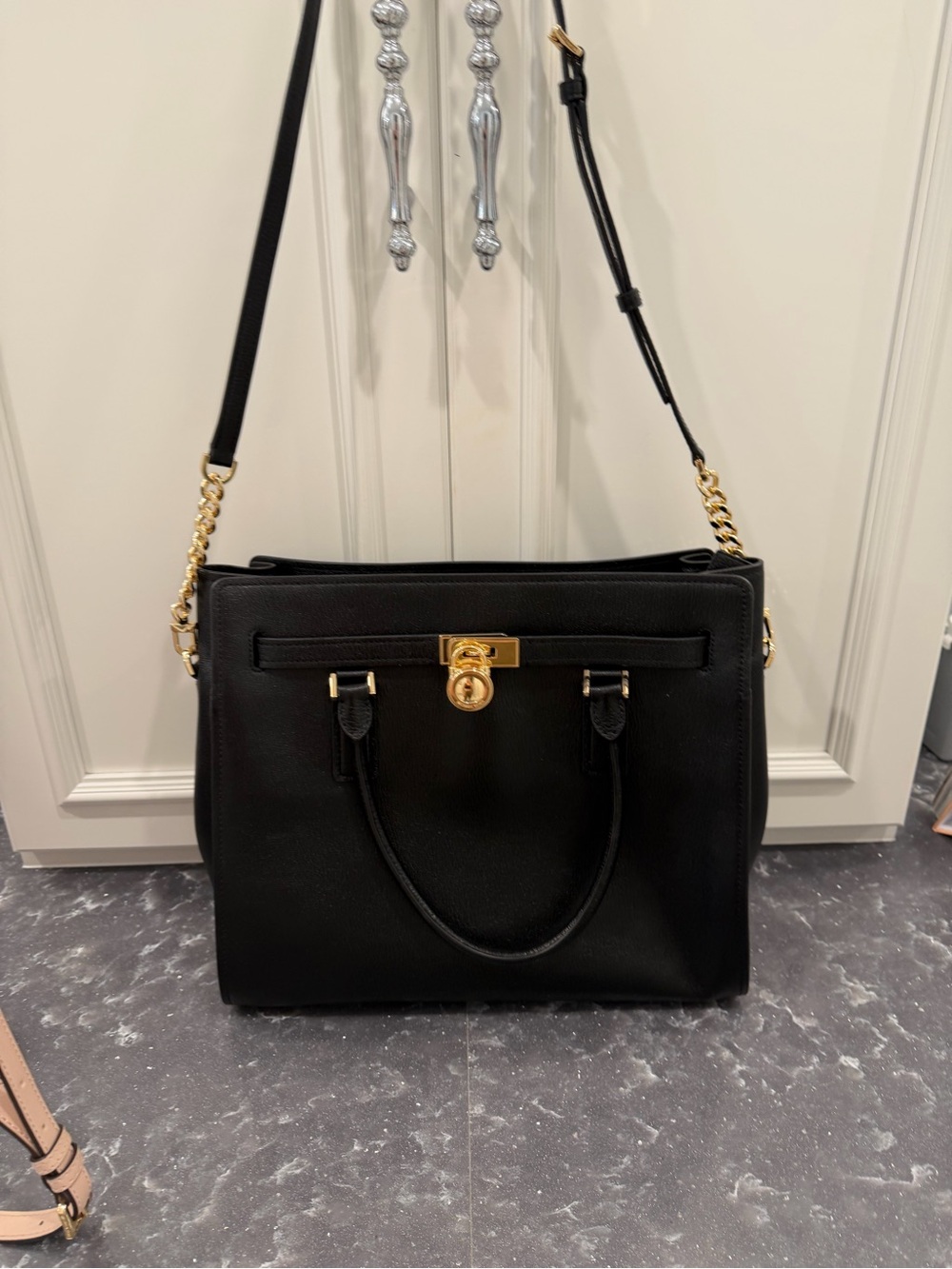 Black Leather Tote Bag with Gold Hardware - Designer Style